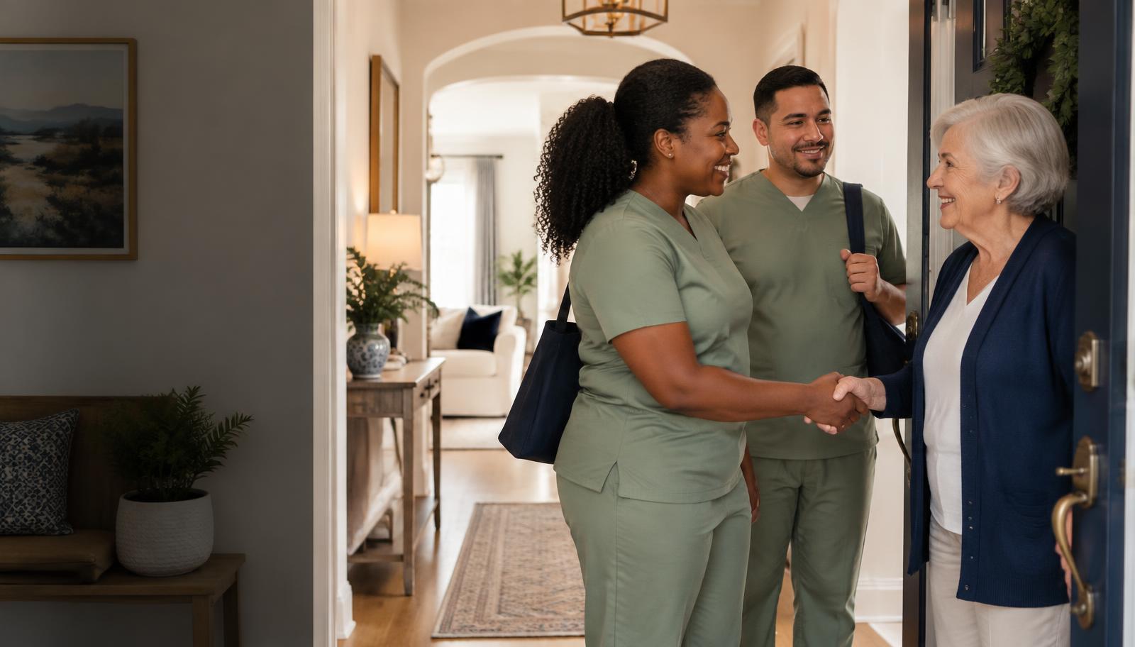 Professional caregivers warmly greeting a smiling older adult at home