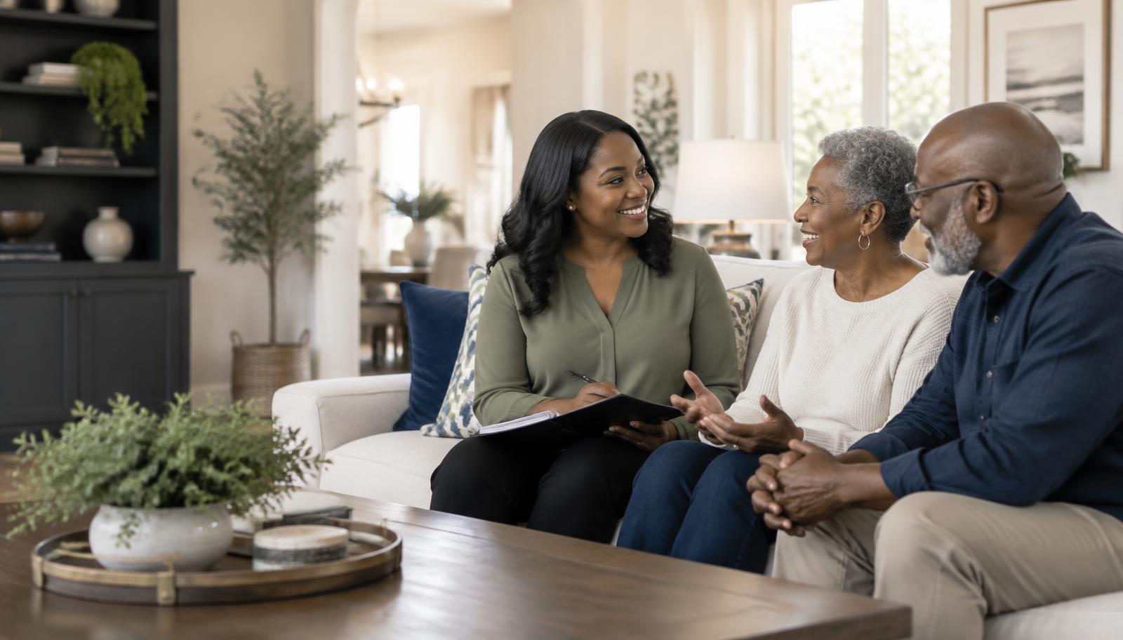 Care coordinator listening to a smiling older couple in their home